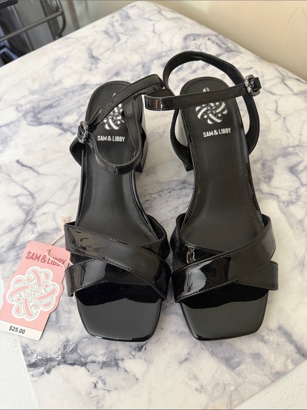 Sam & Libby Black Patent Cross-Strap Block Heel Sandals